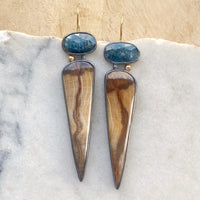 Petrified Oak Wood and Speckled Teal Kyanite Earrings